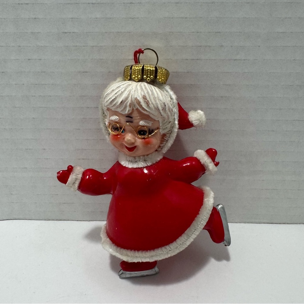 Vintage Japan Mrs Claus Christmas Ornament MCM Red Plastic Mold Ice Skating